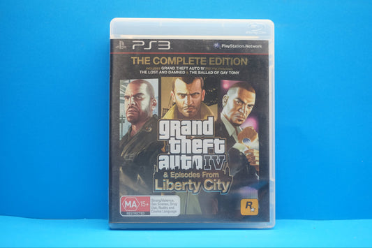 PlayStation 3 game case for 'Grand Theft Auto IV & Episodes from Liberty City' on a blue background