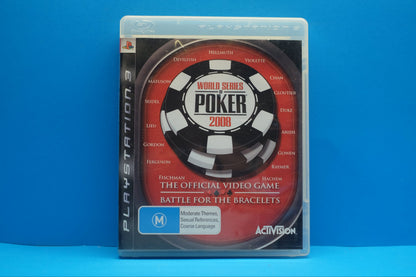 PlayStation 3 game disc for 'World Series of Poker 2008' on a blue background