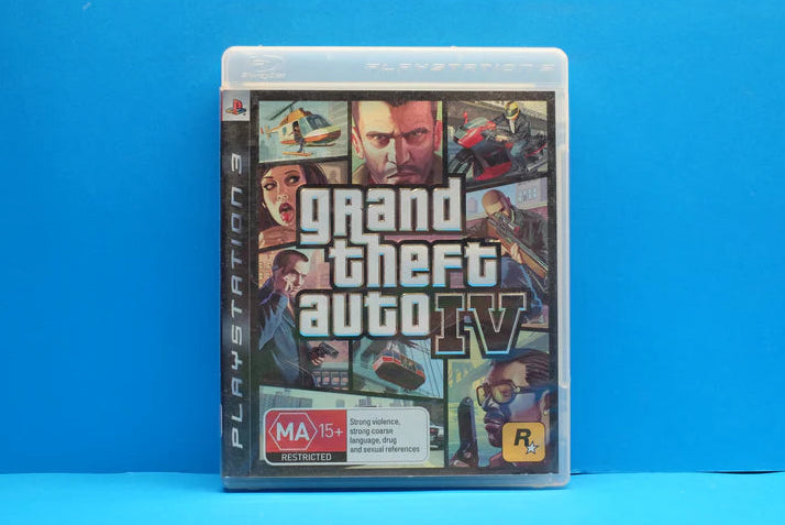 Grand Theft Auto IV game case on a blue background
